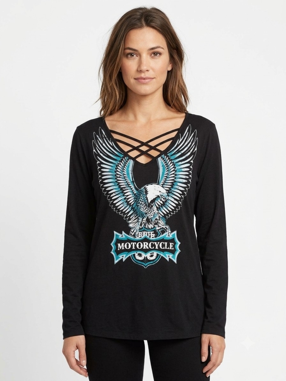 Vocal Black Long-Sleeve Crisscross Eagle Graphic Teet Size 2X EUC P2P 23in.
